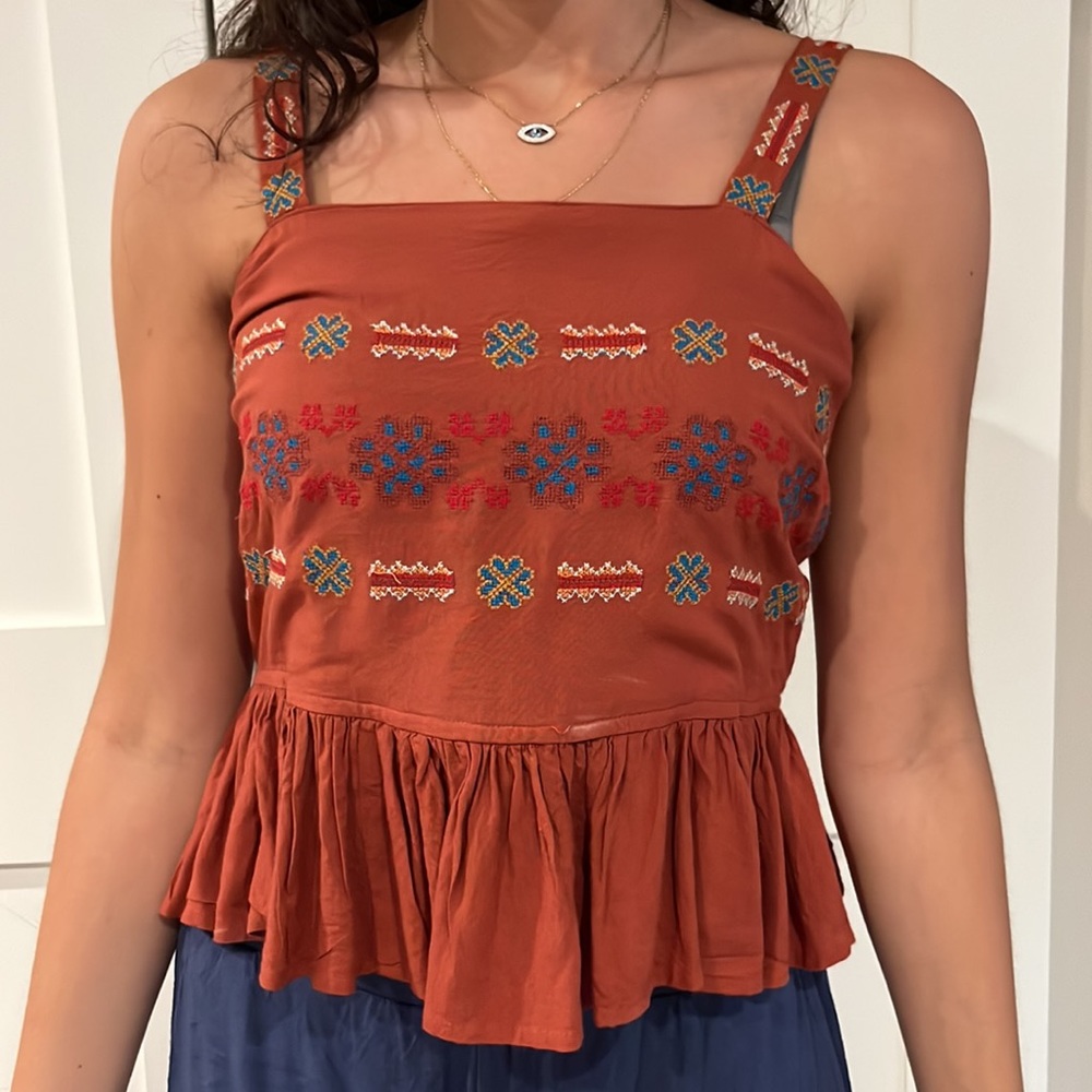 Embroidered patterned orange flare tank top